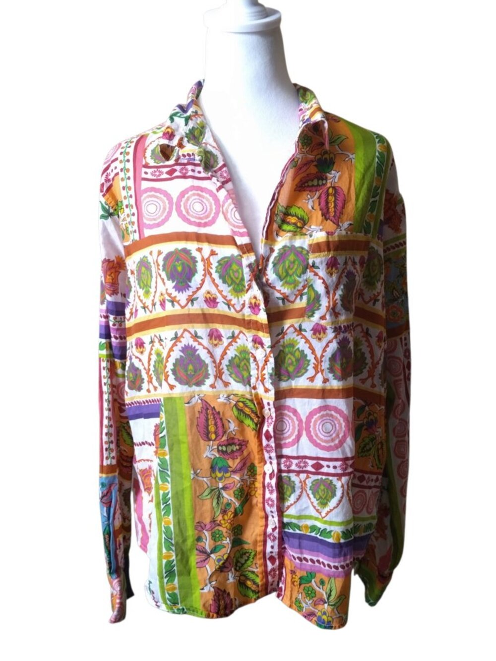 Sigrid Olsen Women's Large Button Front Vibrant Floral Print Blouse Boho Hippie